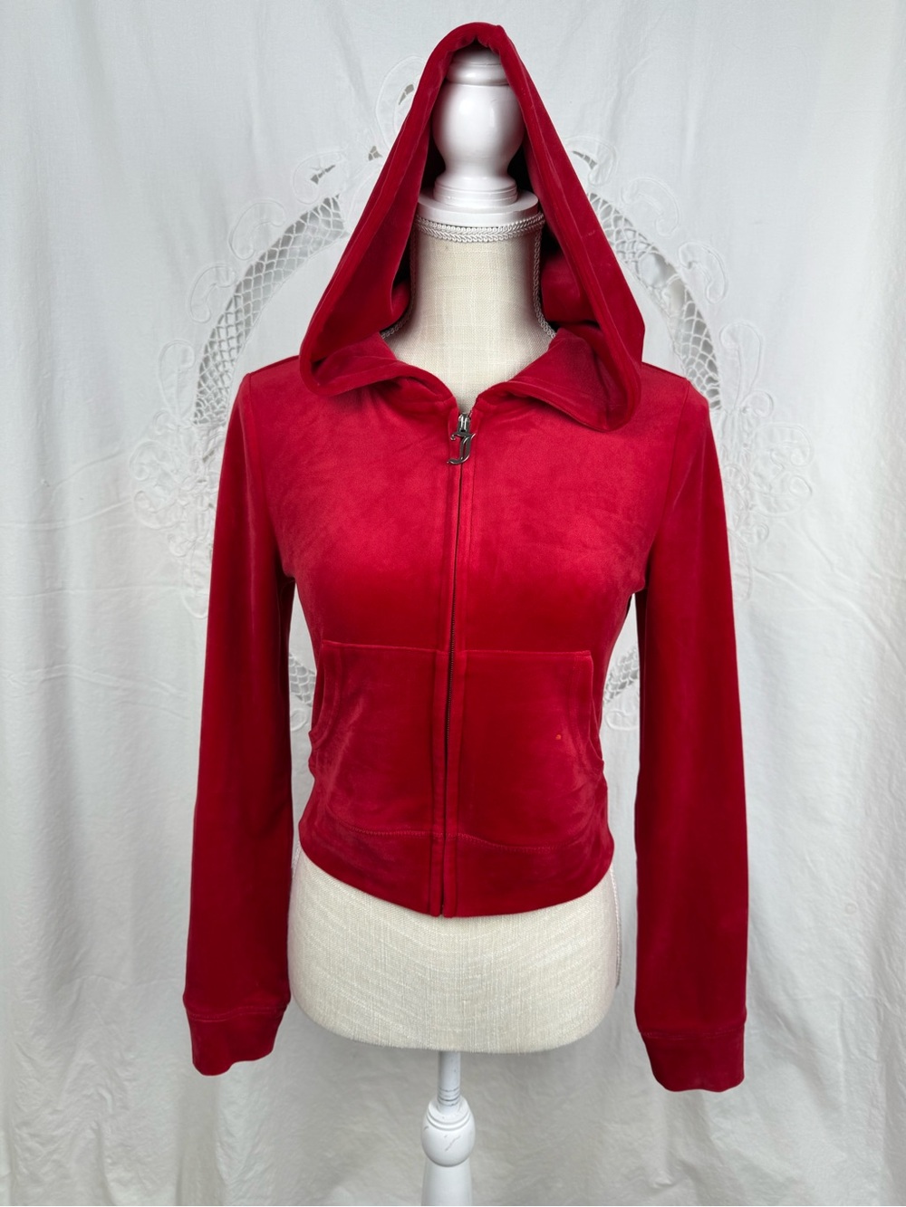 Juicy Couture Women’s Cropped Red Hooded Velour Zip-Up Jacket - Size XS